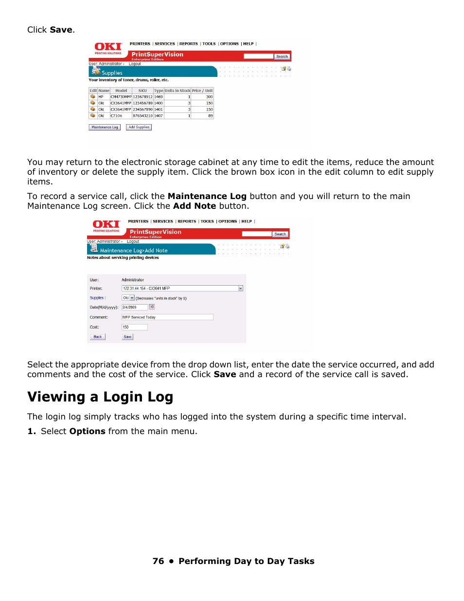 Viewing a login log | Oki PrintSuperVision 59318401 User Manual | Page 76 / 78