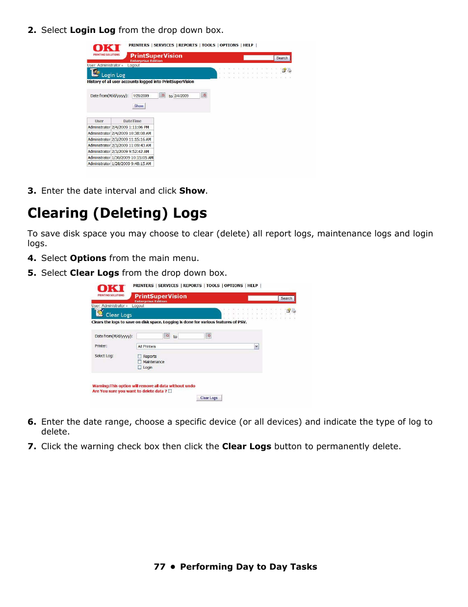 Clearing (deleting) logs | Oki PrintSuperVision 59318401 User Manual | Page 77 / 78