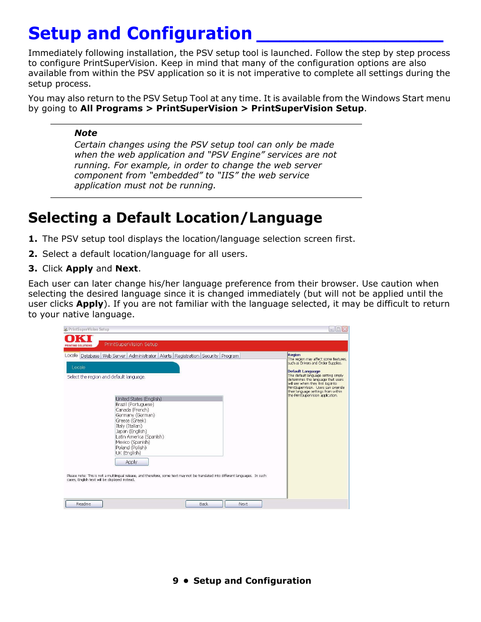 Setup and configuration, Selecting a default location/language | Oki PrintSuperVision 59318401 User Manual | Page 9 / 78