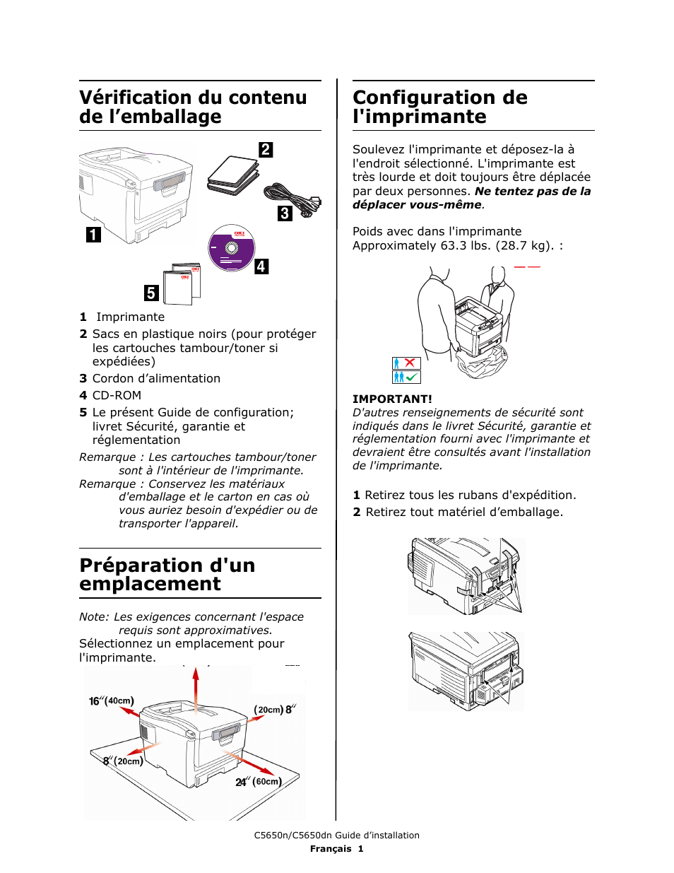 Vérification du contenu de l’emballage, Préparation d'un emplacement, Configuration de l'imprimante | Oki C 5650dn User Manual | Page 11 / 36