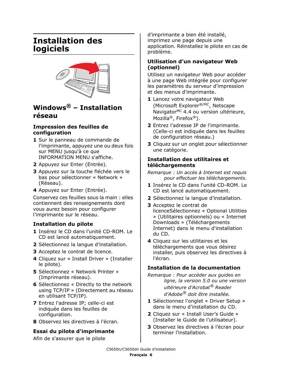 Installation des logiciels, Windows, Installation réseau | Oki C 5650dn User Manual | Page 16 / 36