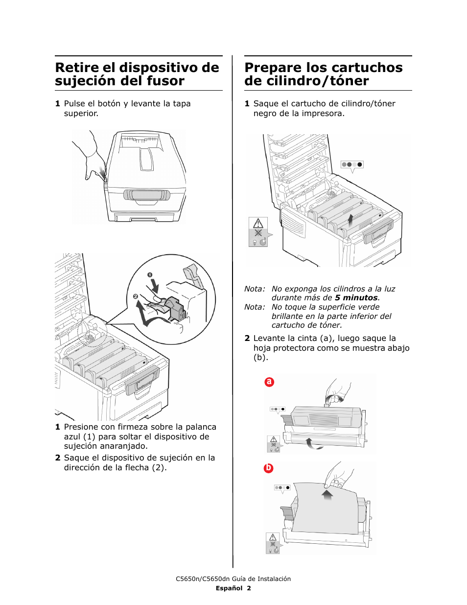 Retire el dispositivo de sujeción del fusor, Prepare los cartuchos de cilindro/tóner | Oki C 5650dn User Manual | Page 20 / 36