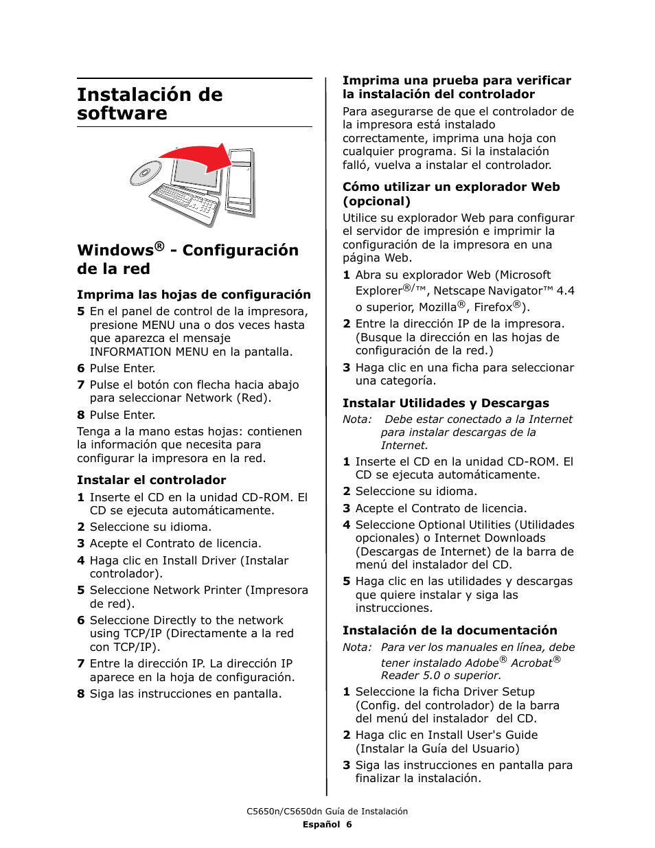Instalación de software, Windows, Configuración de la red | Oki C 5650dn User Manual | Page 24 / 36