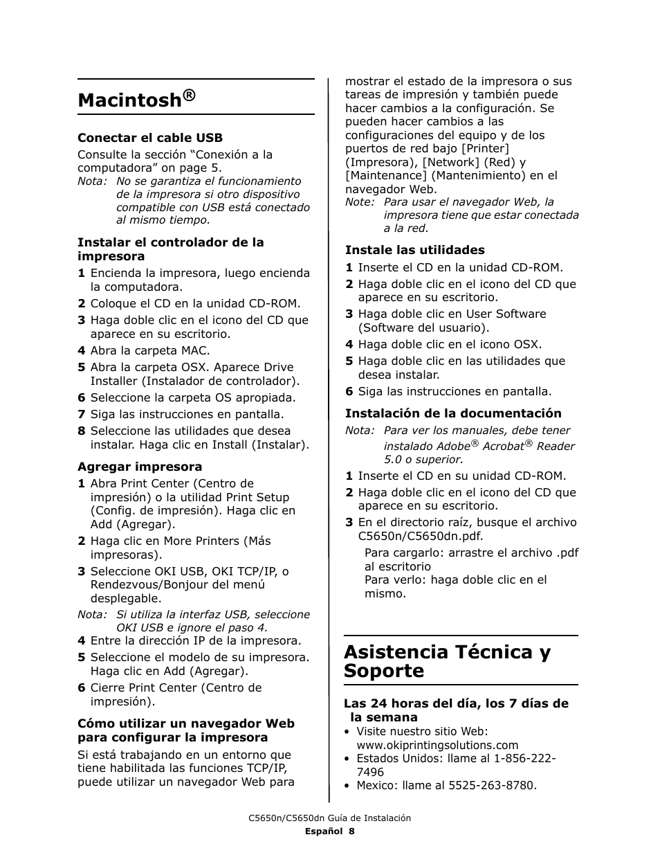 Macintosh, Asistencia técnica y soporte | Oki C 5650dn User Manual | Page 26 / 36