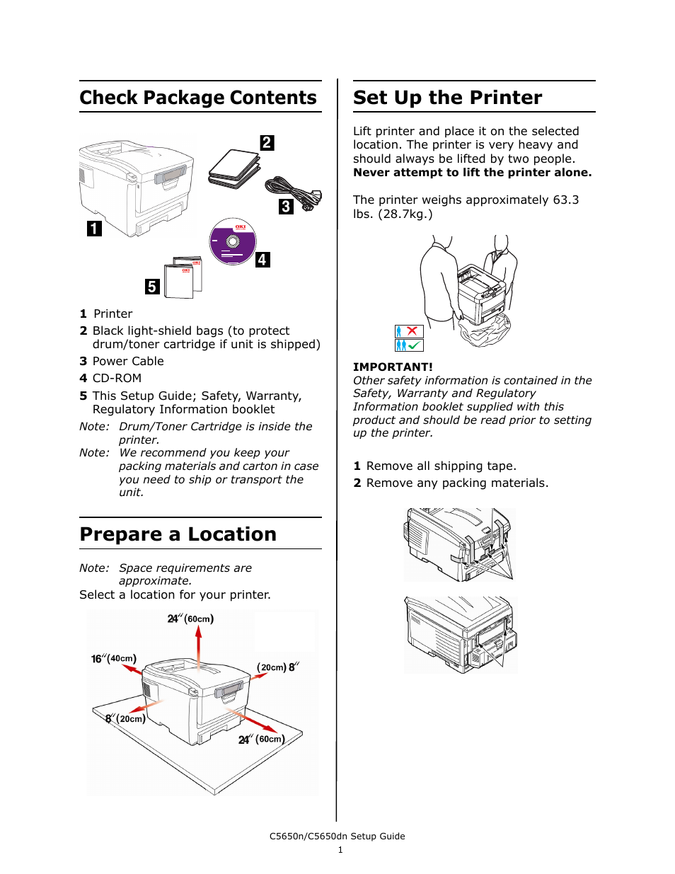 Check package contents, Prepare a location, Set up the printer | Oki C 5650dn User Manual | Page 3 / 36