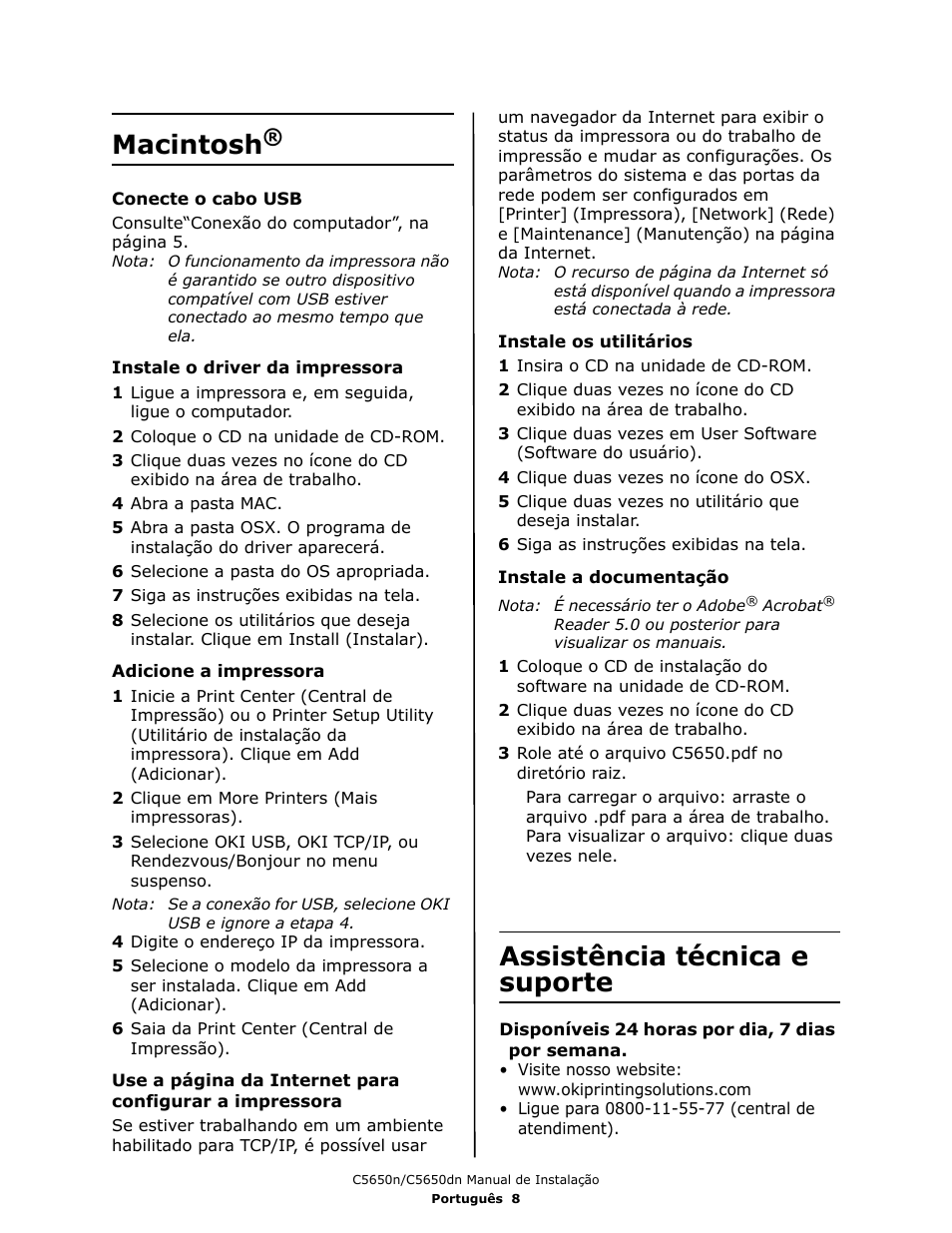 Macintosh, Assistência técnica e suporte | Oki C 5650dn User Manual | Page 34 / 36