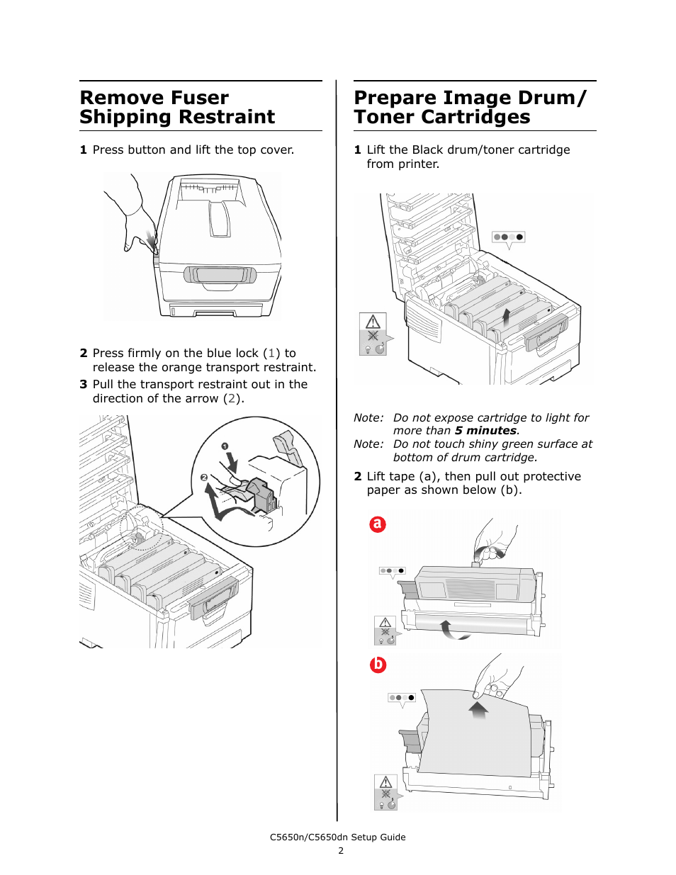 Remove fuser shipping restraint, Prepare image drum/ toner cartridges | Oki C 5650dn User Manual | Page 4 / 36