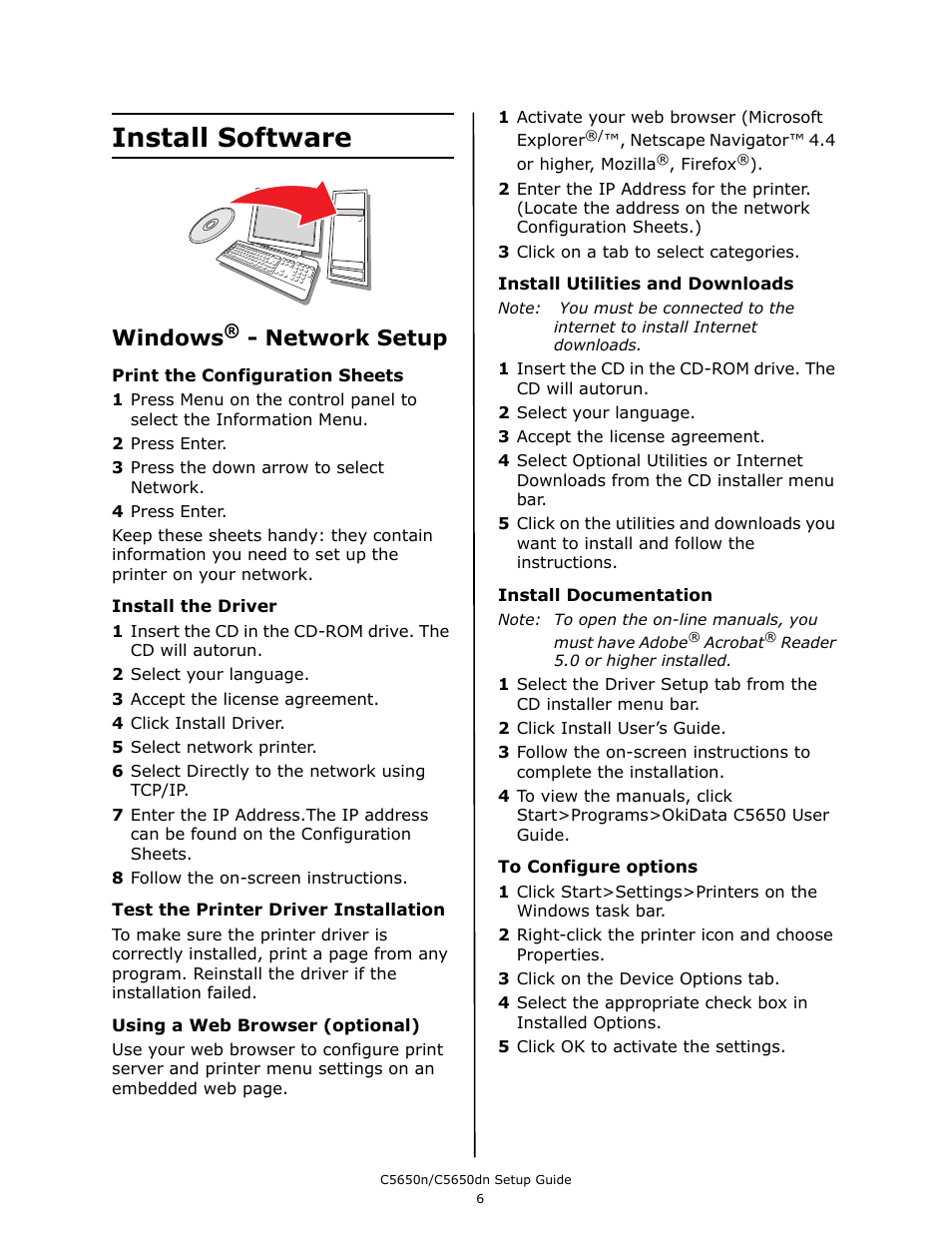 Install software, Windows, Network setup | Oki C 5650dn User Manual | Page 8 / 36