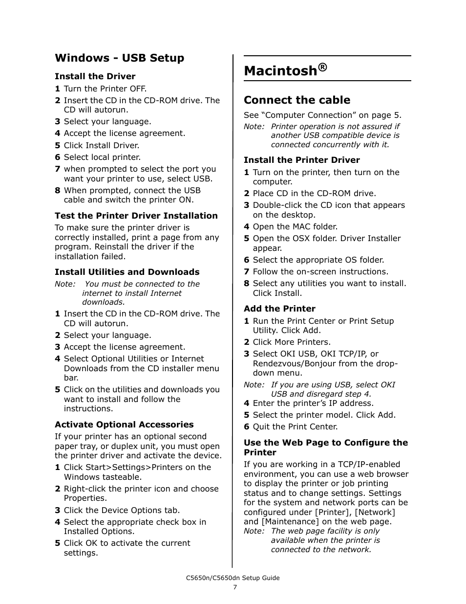 Macintosh, Windows - usb setup, Connect the cable | Oki C 5650dn User Manual | Page 9 / 36