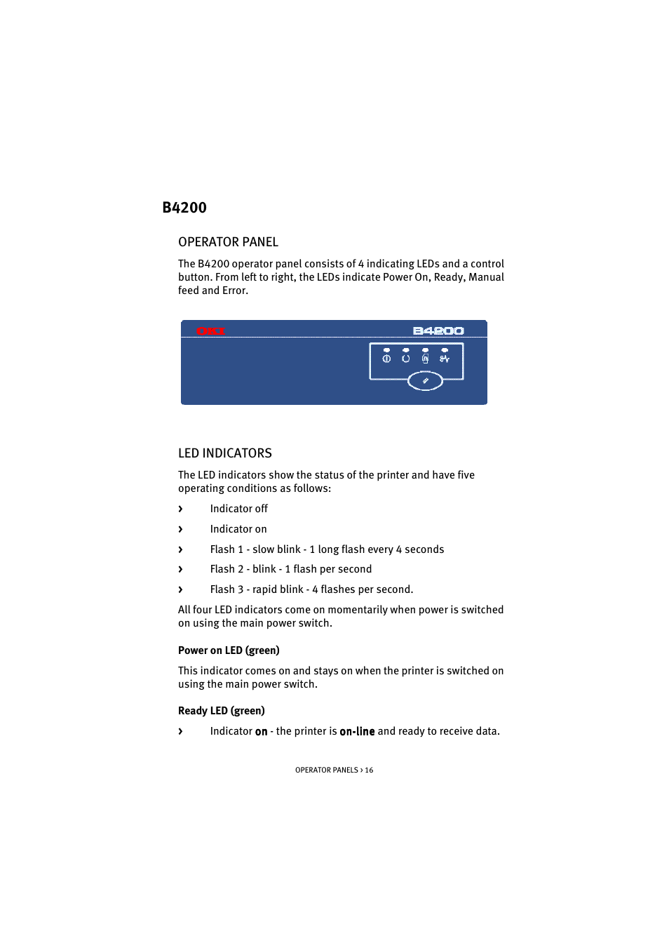 B4200, Operator panel, Led indicators | Operator panel led indicators | Oki B 4300 User Manual | Page 16 / 89