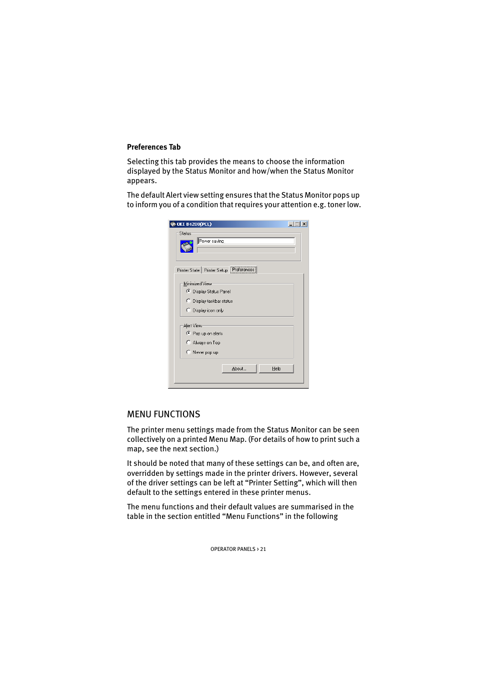 Menu functions | Oki B 4300 User Manual | Page 21 / 89