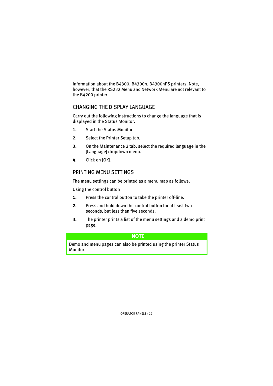 Changing the display language, Printing menu settings | Oki B 4300 User Manual | Page 22 / 89