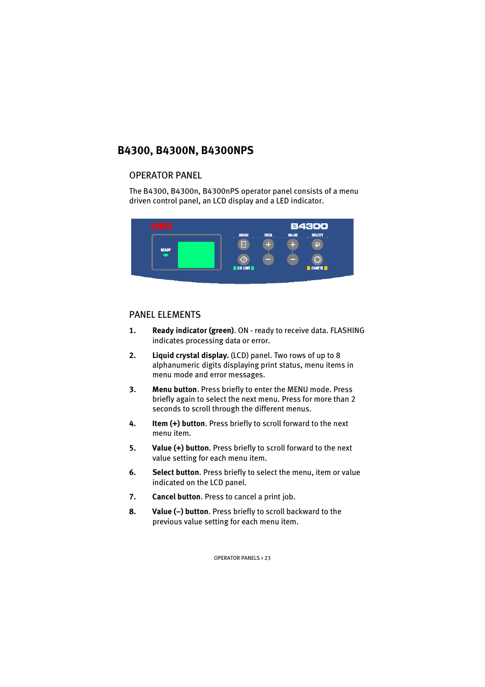 B4300, b4300n, b4300nps, Operator panel, Panel elements | Operator panel panel elements | Oki B 4300 User Manual | Page 23 / 89