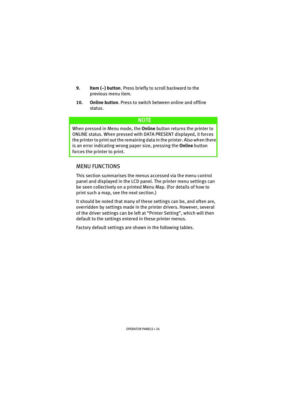 Menu functions | Oki B 4300 User Manual | Page 24 / 89