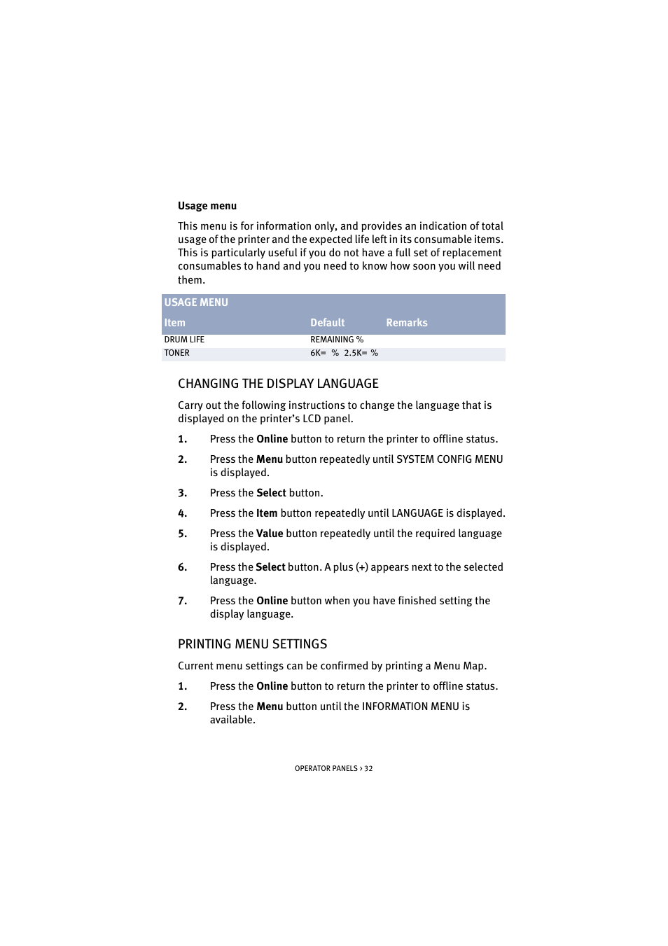 Changing the display language, Printing menu settings | Oki B 4300 User Manual | Page 32 / 89