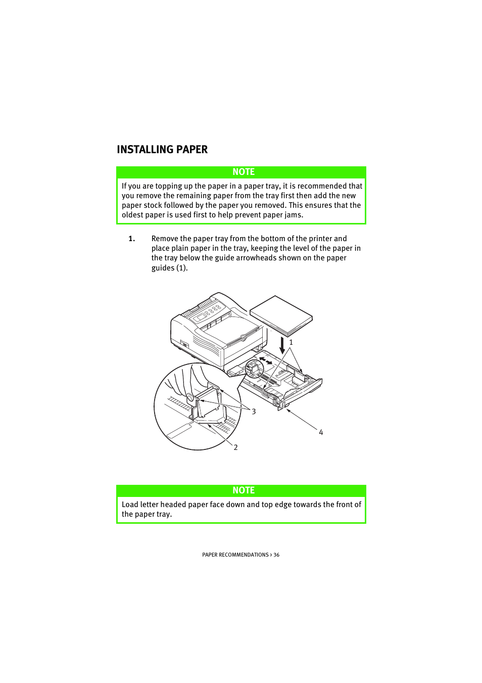Installing paper | Oki B 4300 User Manual | Page 36 / 89