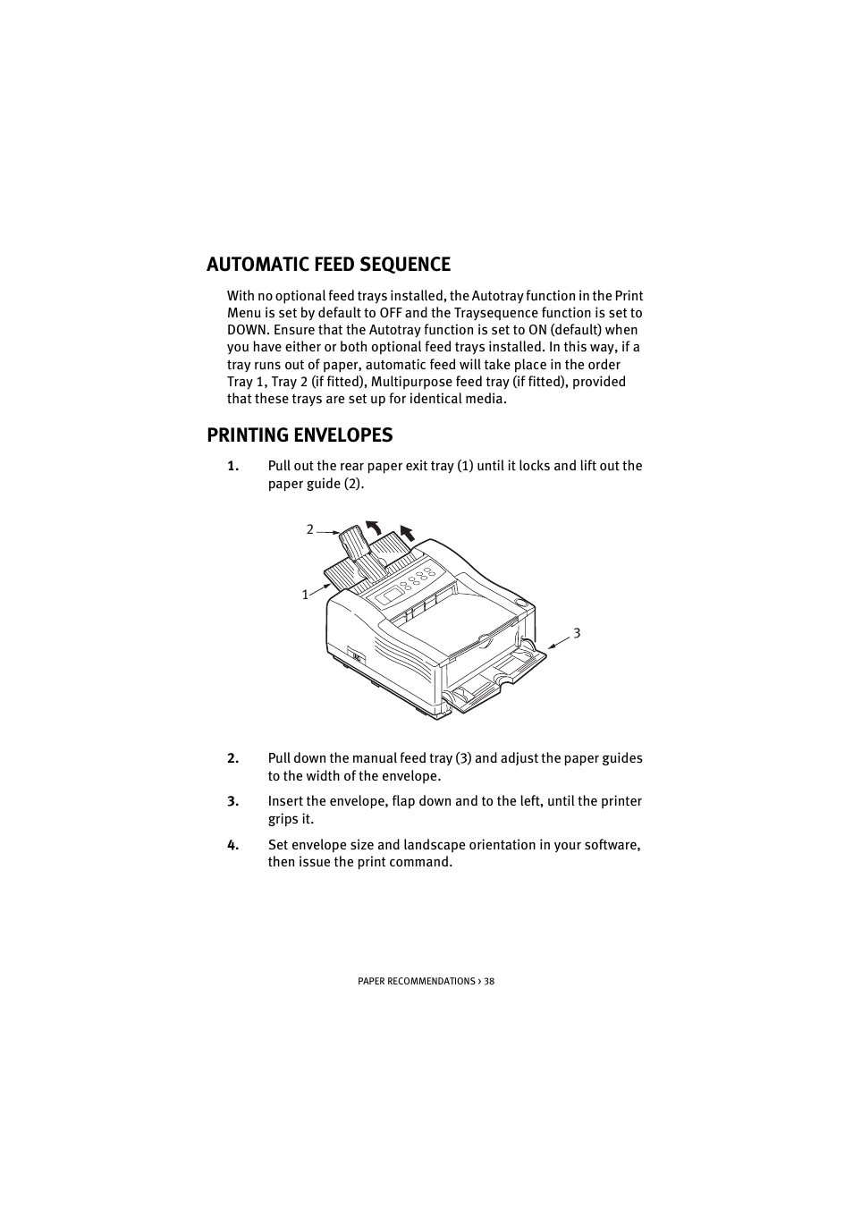 Automatic feed sequence, Printing envelopes, Automatic feed sequence printing envelopes | Oki B 4300 User Manual | Page 38 / 89