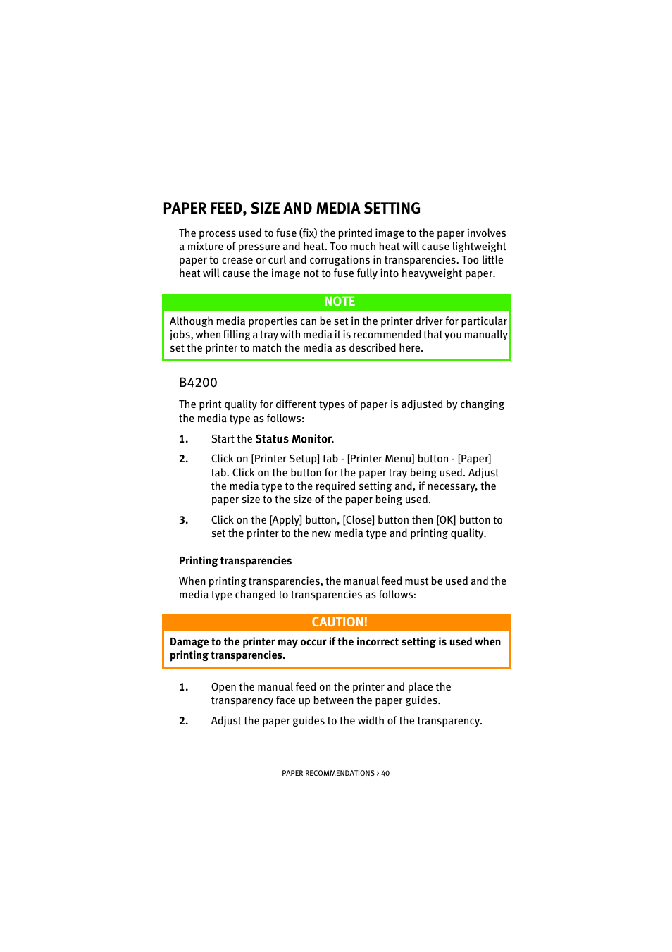 Paper feed, size and media setting, B4200 | Oki B 4300 User Manual | Page 40 / 89