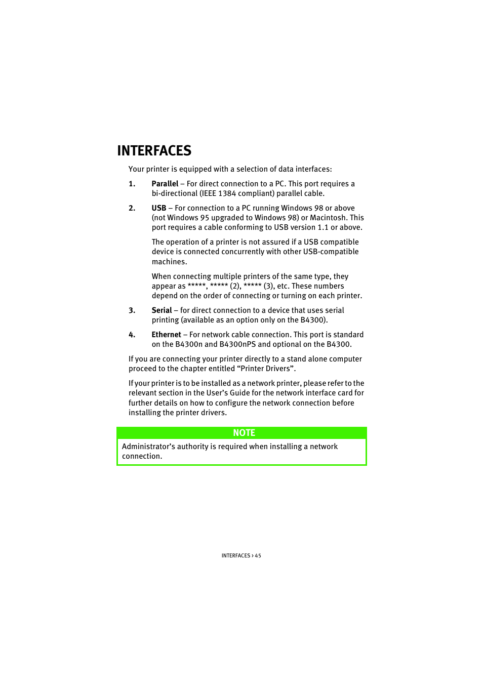 Interfaces | Oki B 4300 User Manual | Page 45 / 89