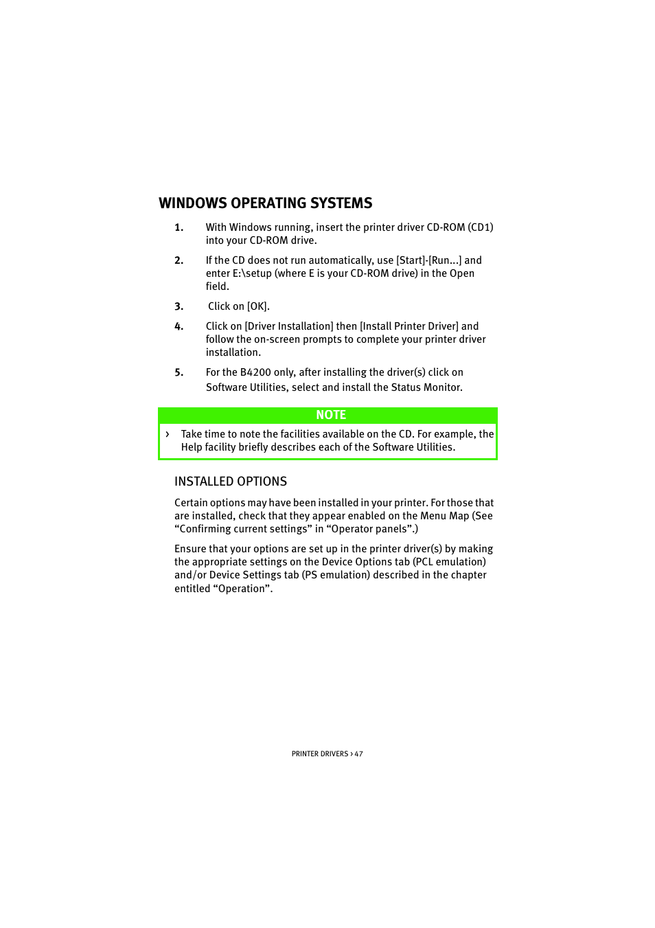 Windows operating systems, Installed options | Oki B 4300 User Manual | Page 47 / 89