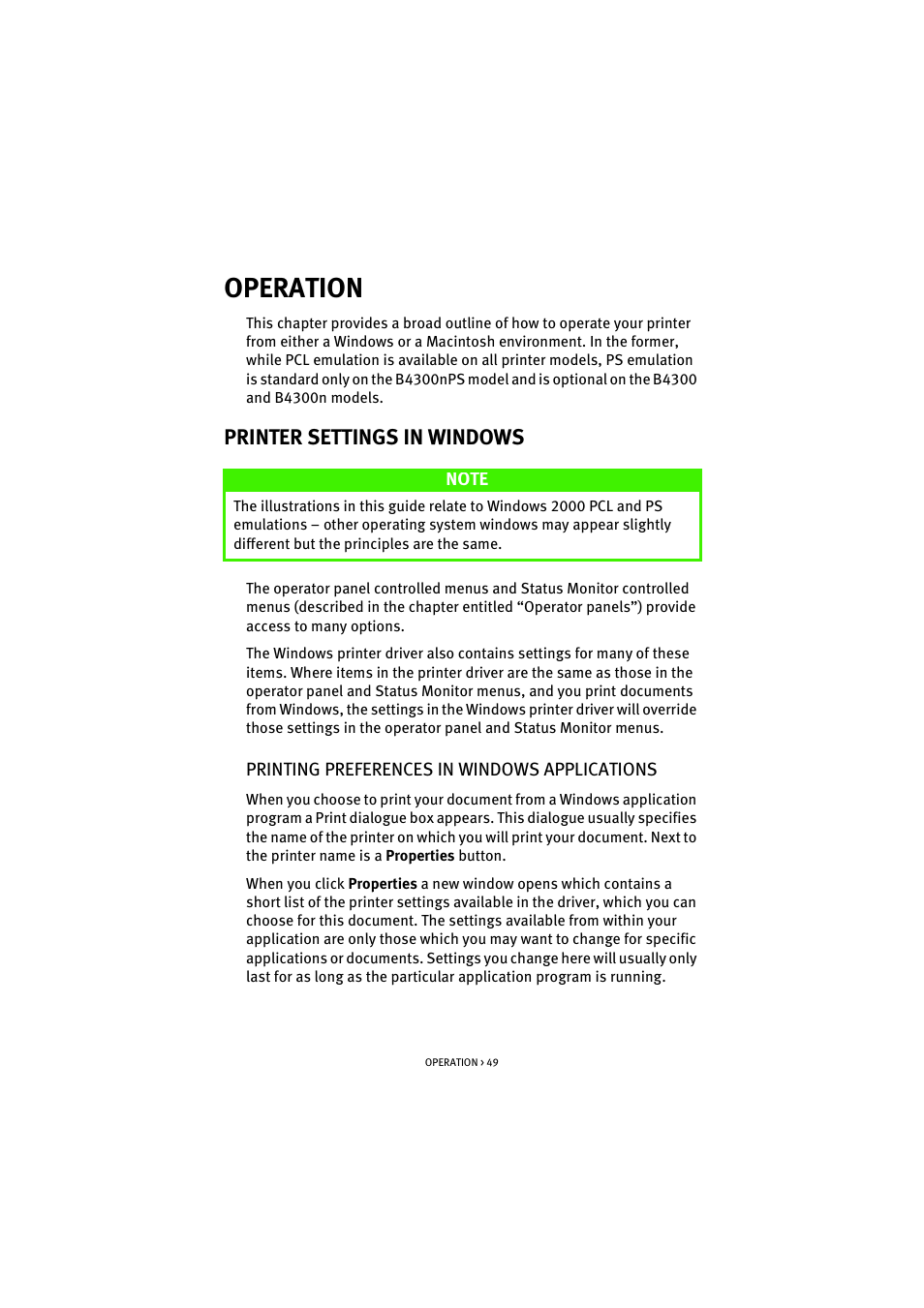 Operation, Printer settings in windows, Printing preferences in windows applications | Oki B 4300 User Manual | Page 49 / 89