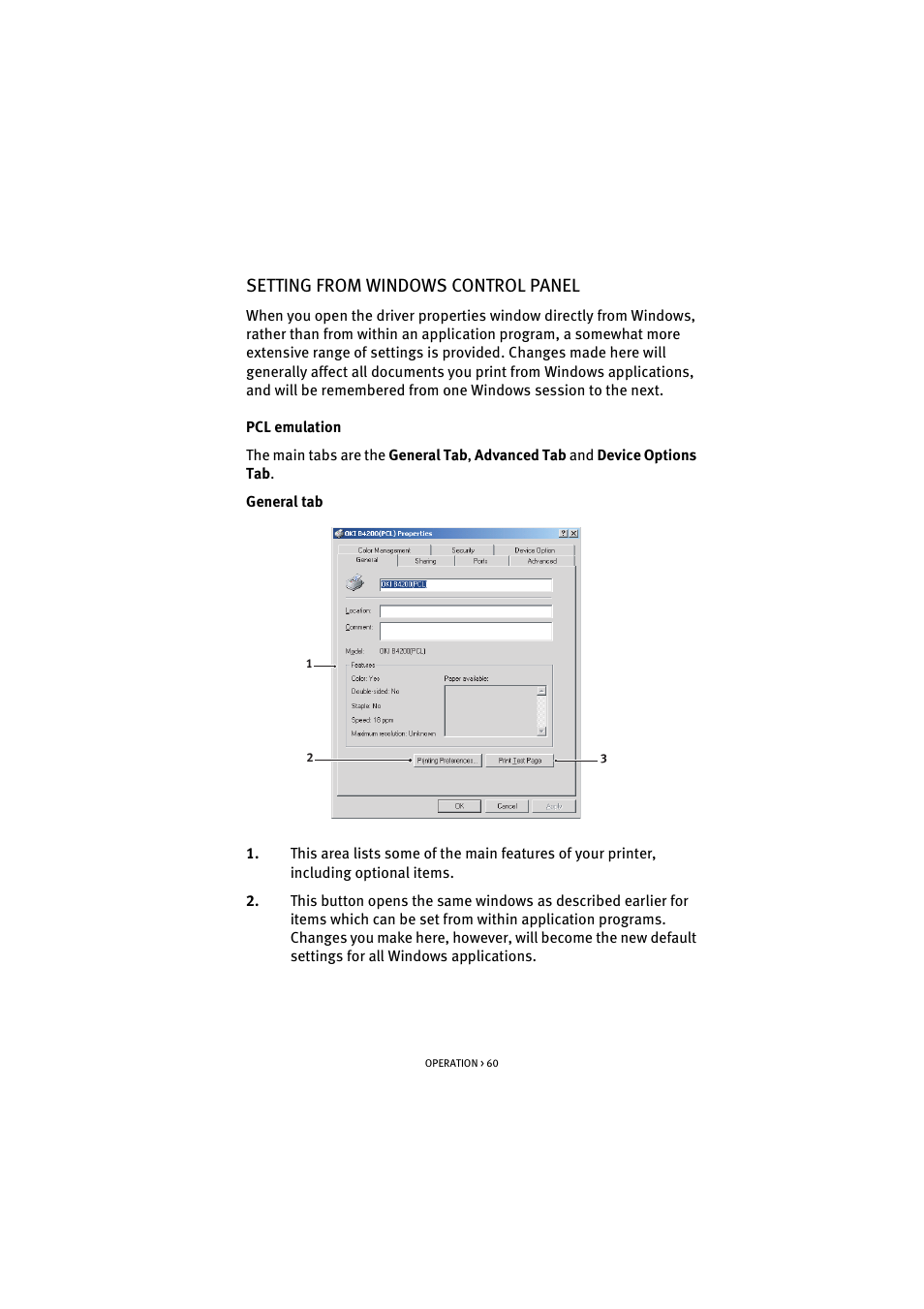 Setting from windows control panel | Oki B 4300 User Manual | Page 60 / 89