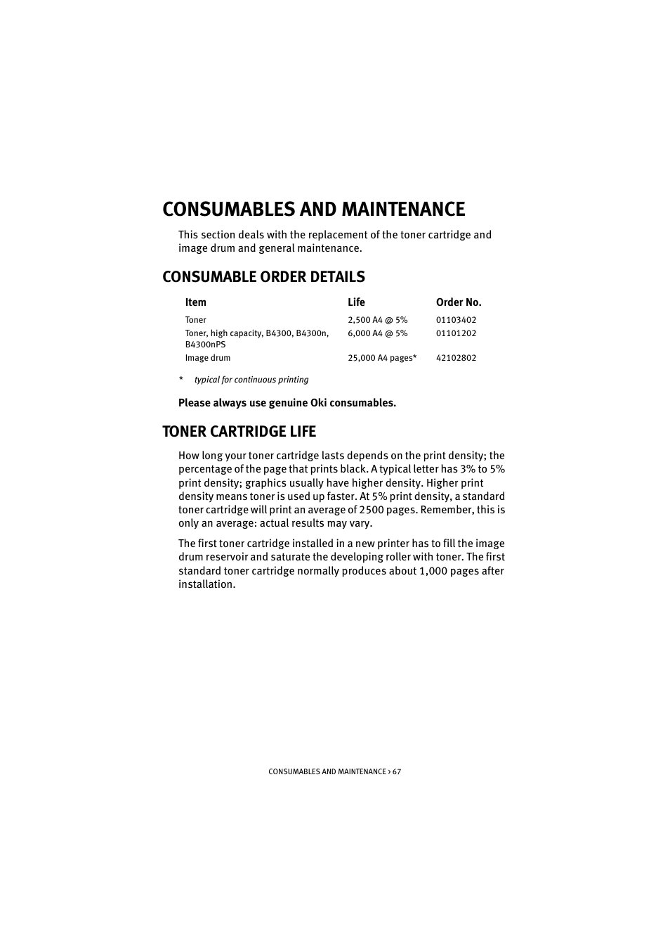 Consumables and maintenance, Consumable order details, Toner cartridge life | Consumable order details toner cartridge life | Oki B 4300 User Manual | Page 67 / 89