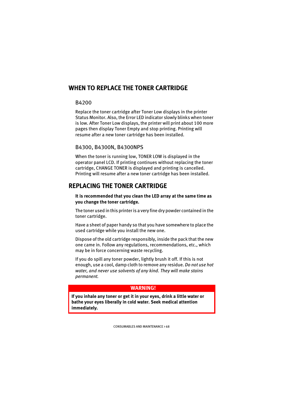 When to replace the toner cartridge, B4200, B4300, b4300n, b4300nps | Replacing the toner cartridge, B4200 b4300, b4300n, b4300nps | Oki B 4300 User Manual | Page 68 / 89