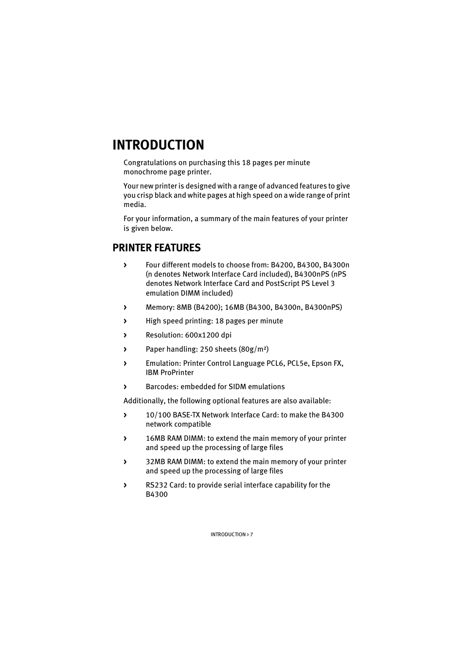 Introduction, Printer features | Oki B 4300 User Manual | Page 7 / 89