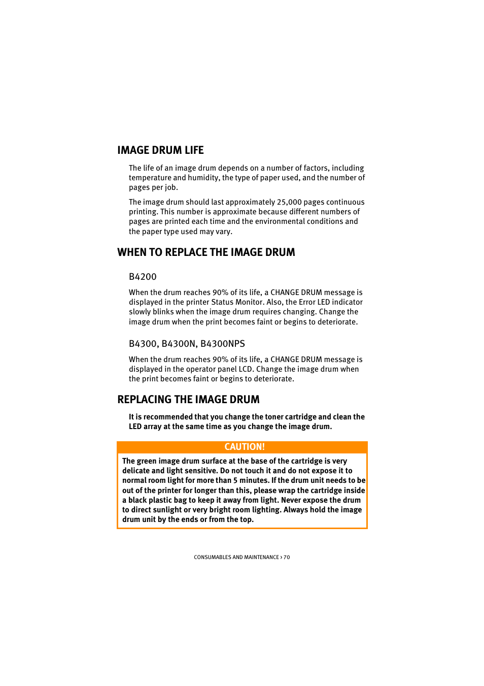 Image drum life, When to replace the image drum, B4200 | B4300, b4300n, b4300nps, Replacing the image drum, Image drum life when to replace the image drum, B4200 b4300, b4300n, b4300nps | Oki B 4300 User Manual | Page 70 / 89