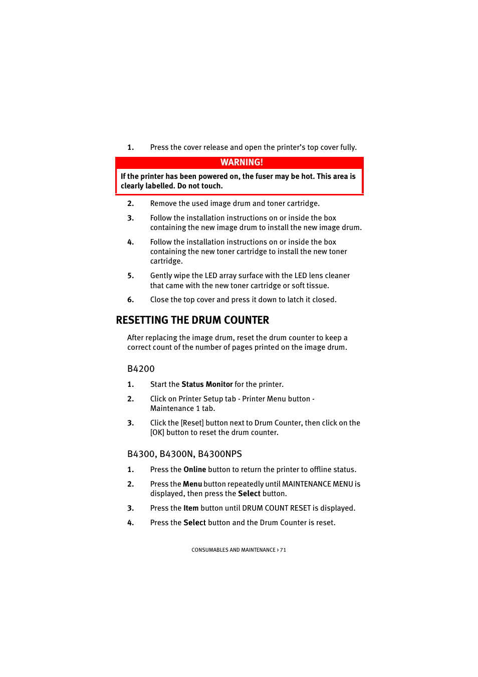 Resetting the drum counter, B4200, B4300, b4300n, b4300nps | B4200 b4300, b4300n, b4300nps, Warning | Oki B 4300 User Manual | Page 71 / 89