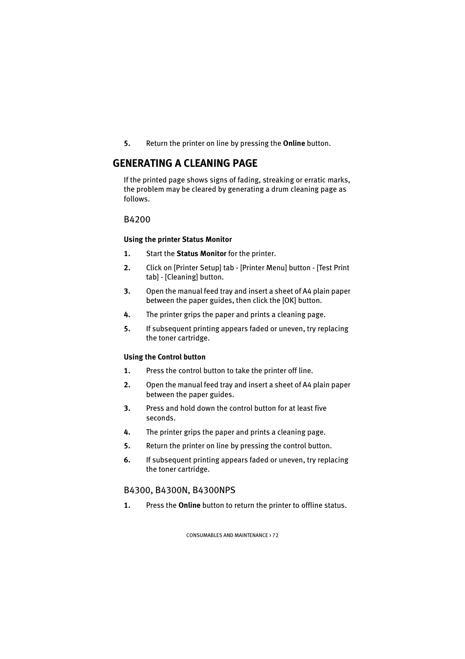 B4200, B4300, b4300n, b4300nps, B4200 b4300, b4300n, b4300nps | Generating a cleaning page | Oki B 4300 User Manual | Page 72 / 89