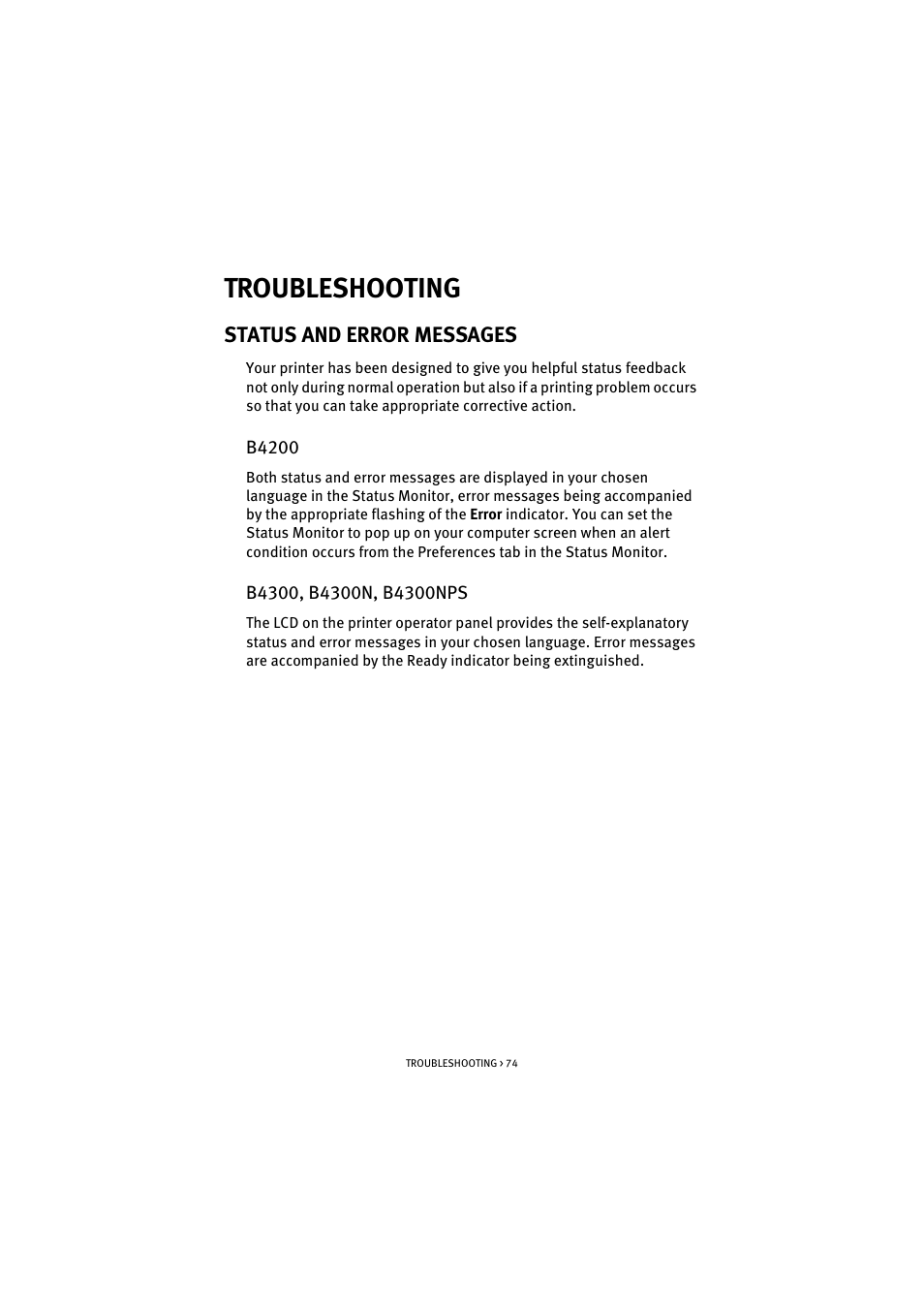 Troubleshooting, Status and error messages, B4200 | B4300, b4300n, b4300nps, B4200 b4300, b4300n, b4300nps | Oki B 4300 User Manual | Page 74 / 89