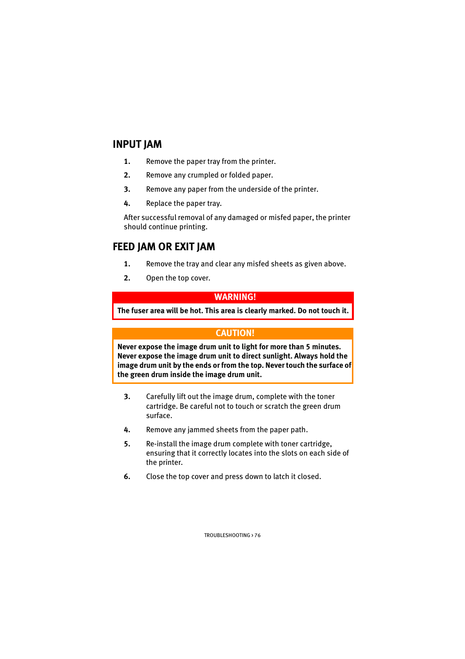 Input jam, Feed jam or exit jam, Input jam feed jam or exit jam | Oki B 4300 User Manual | Page 76 / 89