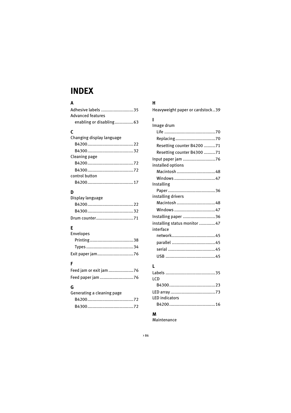 Index | Oki B 4300 User Manual | Page 86 / 89