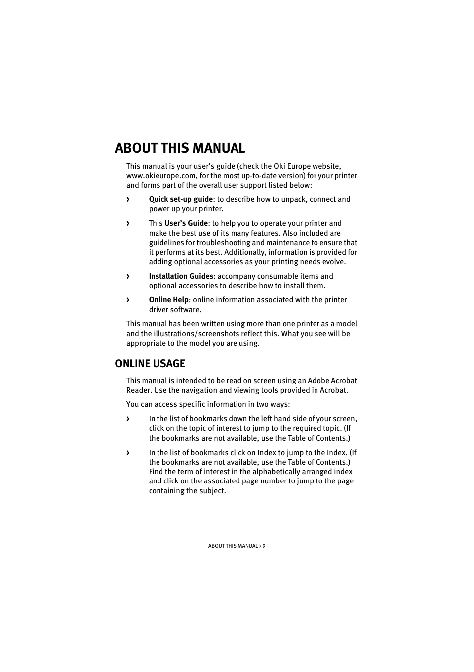 About this manual, Online usage | Oki B 4300 User Manual | Page 9 / 89