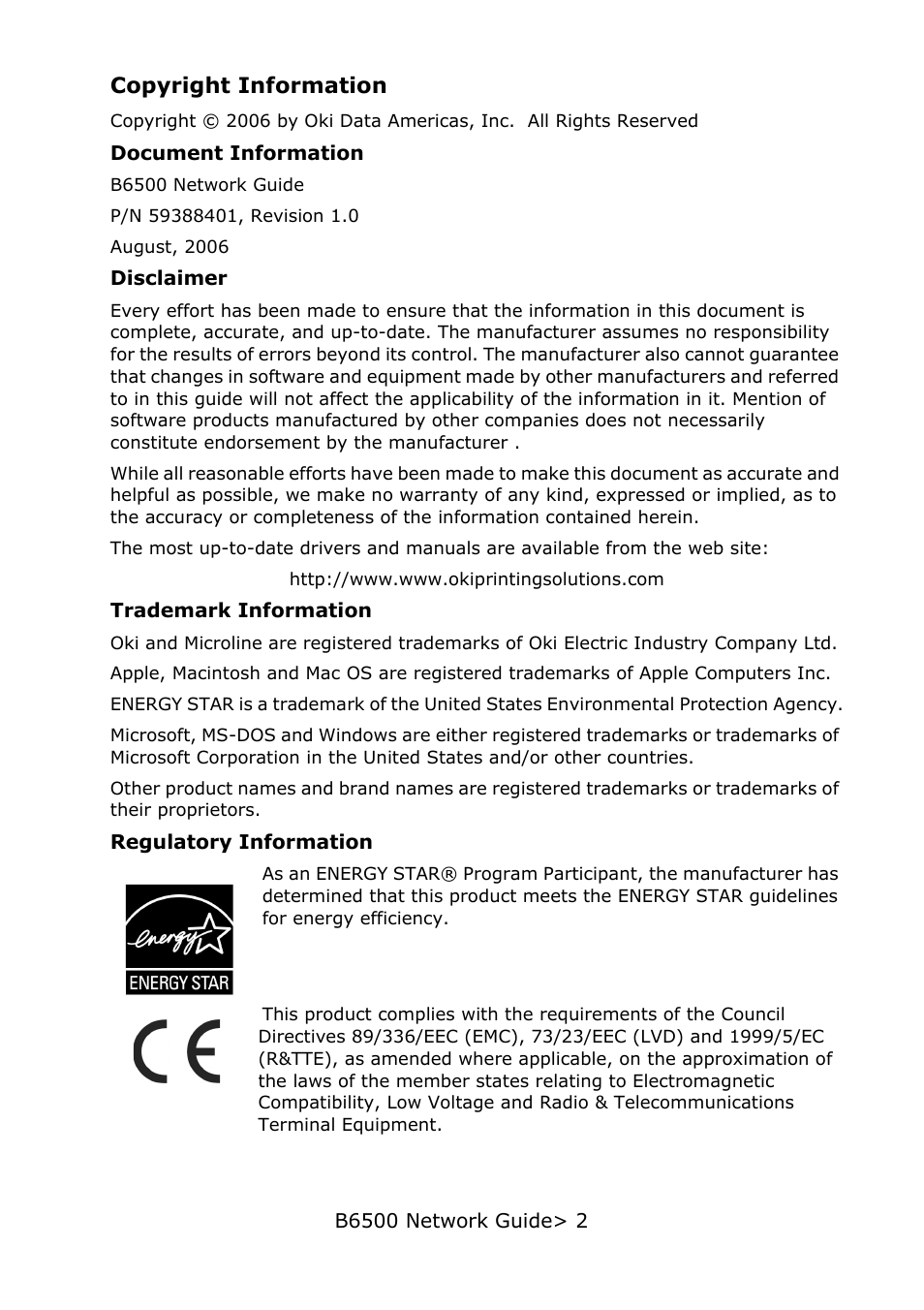 Oki B 6500 User Manual | Page 2 / 62