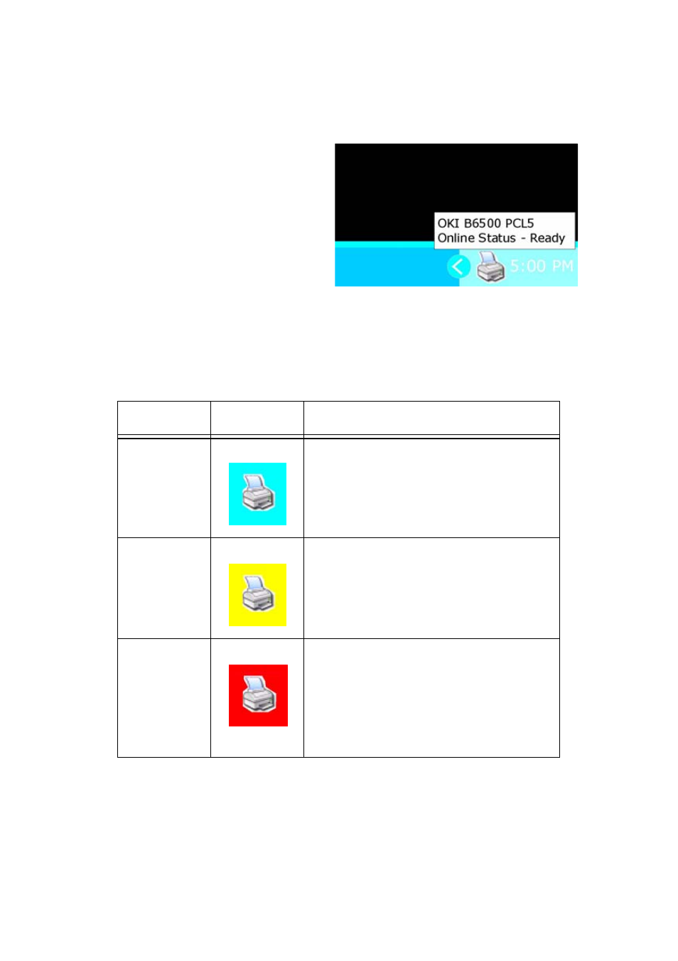 Color of the icon and printer status | Oki B 6500 User Manual | Page 45 / 62