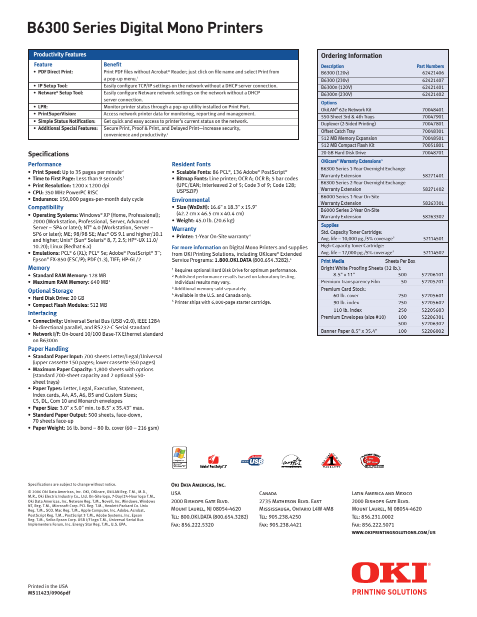 B6300 series digital mono printers, Ordering information, Specifications | Oki B6300 Series User Manual | Page 2 / 2