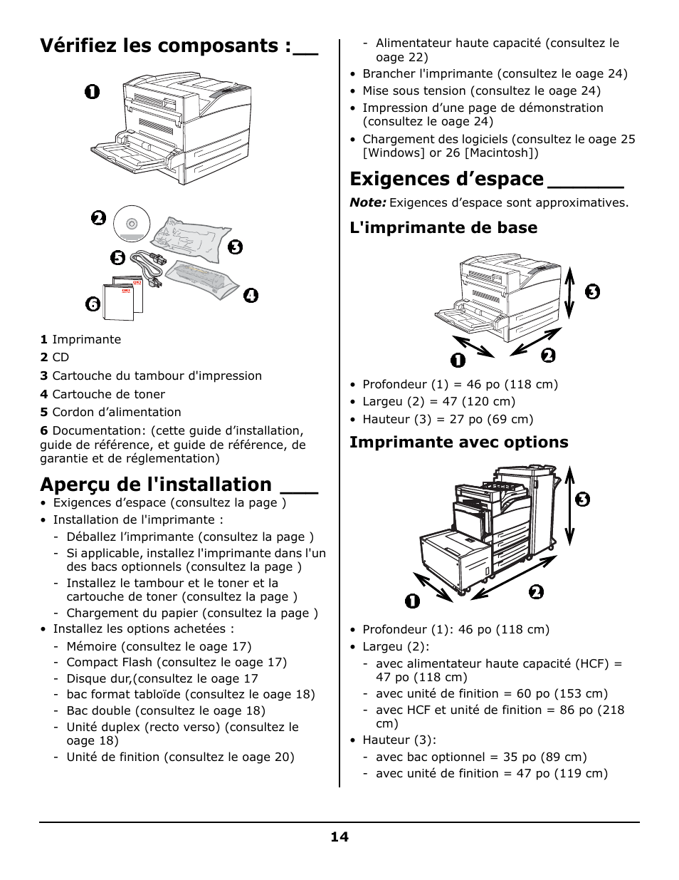 Vérifiez les composants, Aperçu de l'installation, Exigences d’espace | L'imprimante de base, Imprimante avec options | Oki B930 User Manual | Page 14 / 52