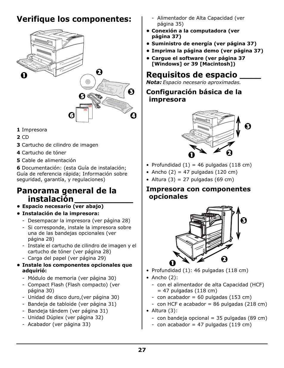 Verifique los componentes, Panorama general de la instalación, Requisitos de espacio | Oki B930 User Manual | Page 27 / 52