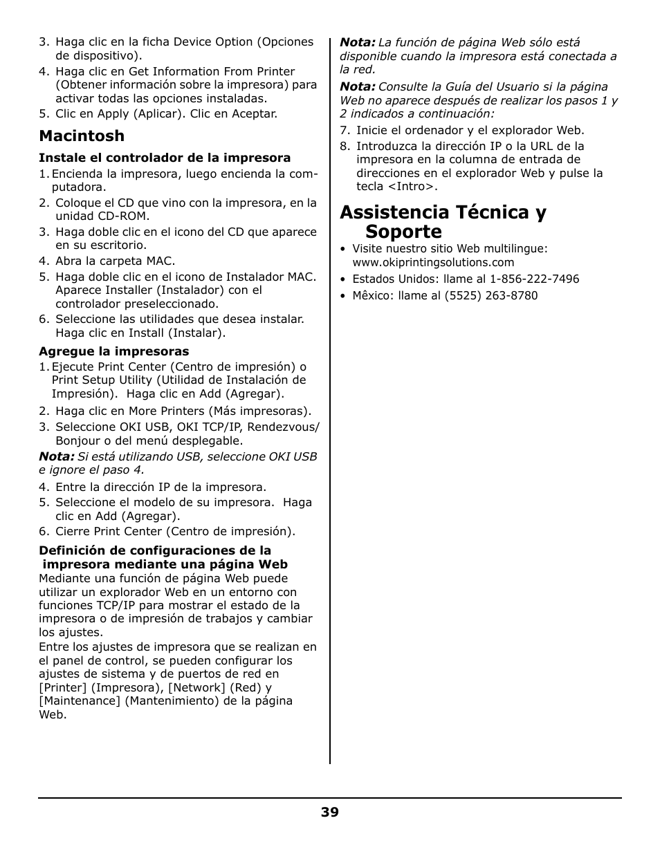 Windows] or 39, Assistencia técnica y soporte, Macintosh | Oki B930 User Manual | Page 39 / 52