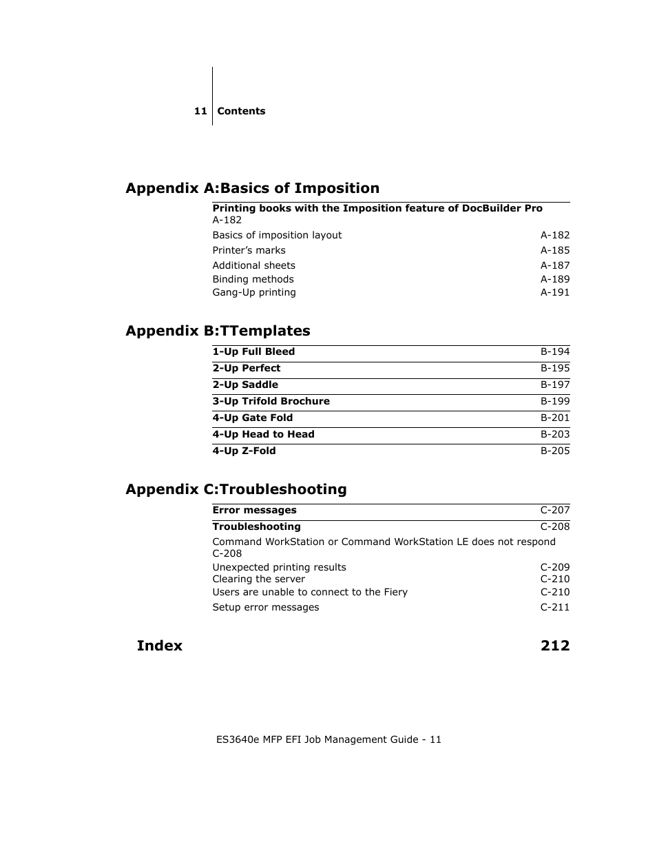 Appendix a:basics of imposition, Appendix b:ttemplates, Appendix c:troubleshooting | Index 212 | Oki ES3640E User Manual | Page 11 / 220