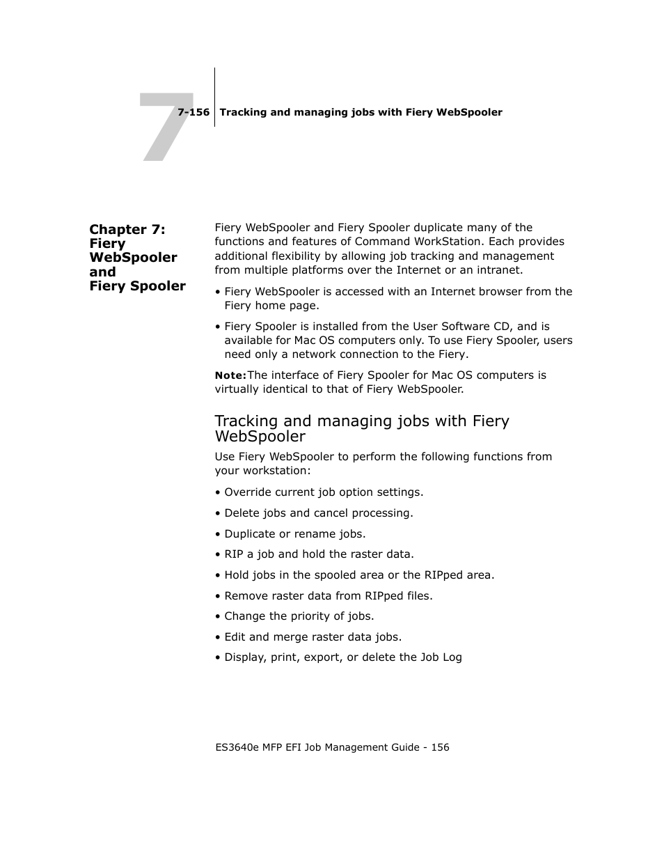 Chapter 7: fiery webspooler and fiery spooler, Tracking and managing jobs with fiery webspooler, Chapter 7 | Descr | Oki ES3640E User Manual | Page 156 / 220