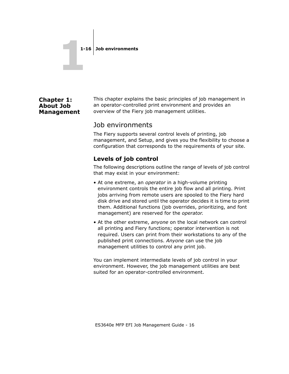 Chapter 1: about job management, Job environments, Levels of job control | Chapter 1 | Oki ES3640E User Manual | Page 16 / 220