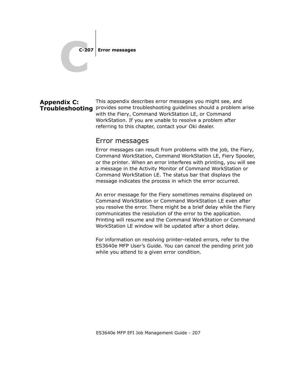 Appendix c: troubleshooting, Error messages, Appendix c:troubleshooting | Appendix c | Oki ES3640E User Manual | Page 207 / 220