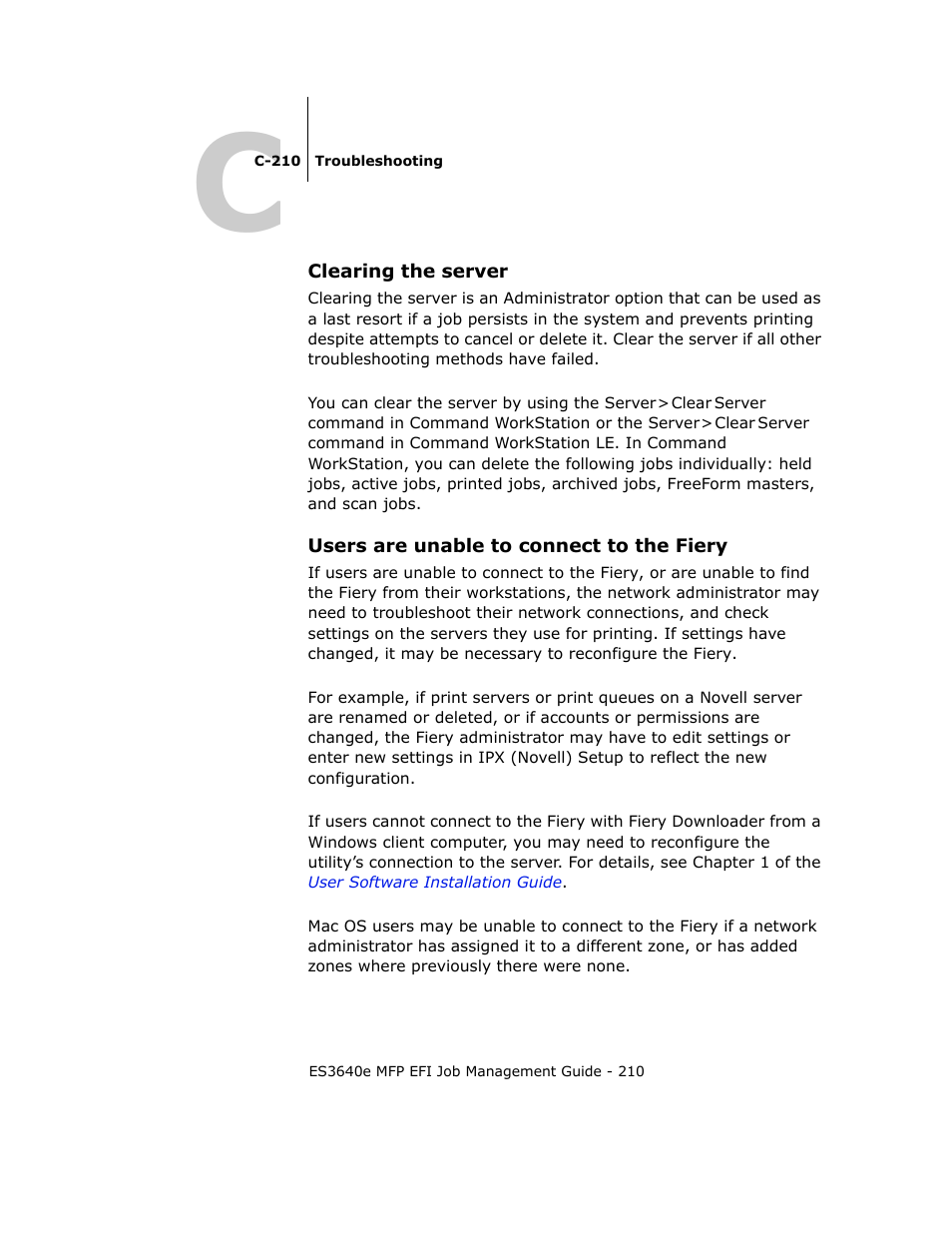 Clearing the server, Users are unable to connect to the fiery, C-210 | Oki ES3640E User Manual | Page 210 / 220