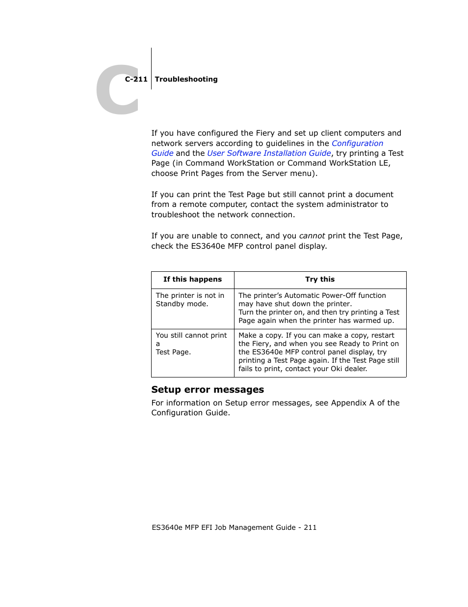 Setup error messages | Oki ES3640E User Manual | Page 211 / 220