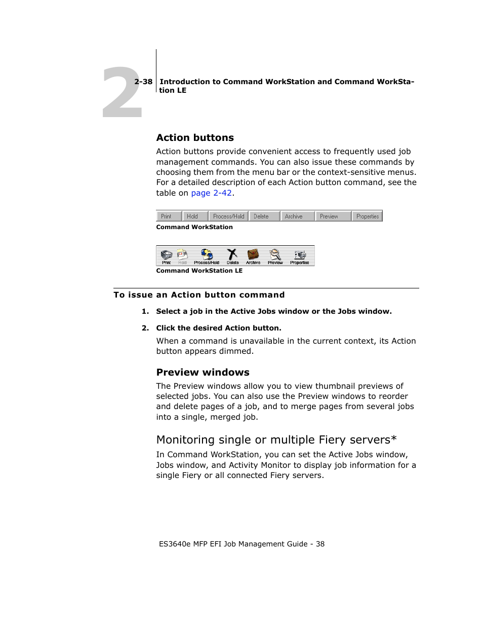 Action buttons, Preview windows, Monitoring single or multiple fiery servers | Oki ES3640E User Manual | Page 38 / 220