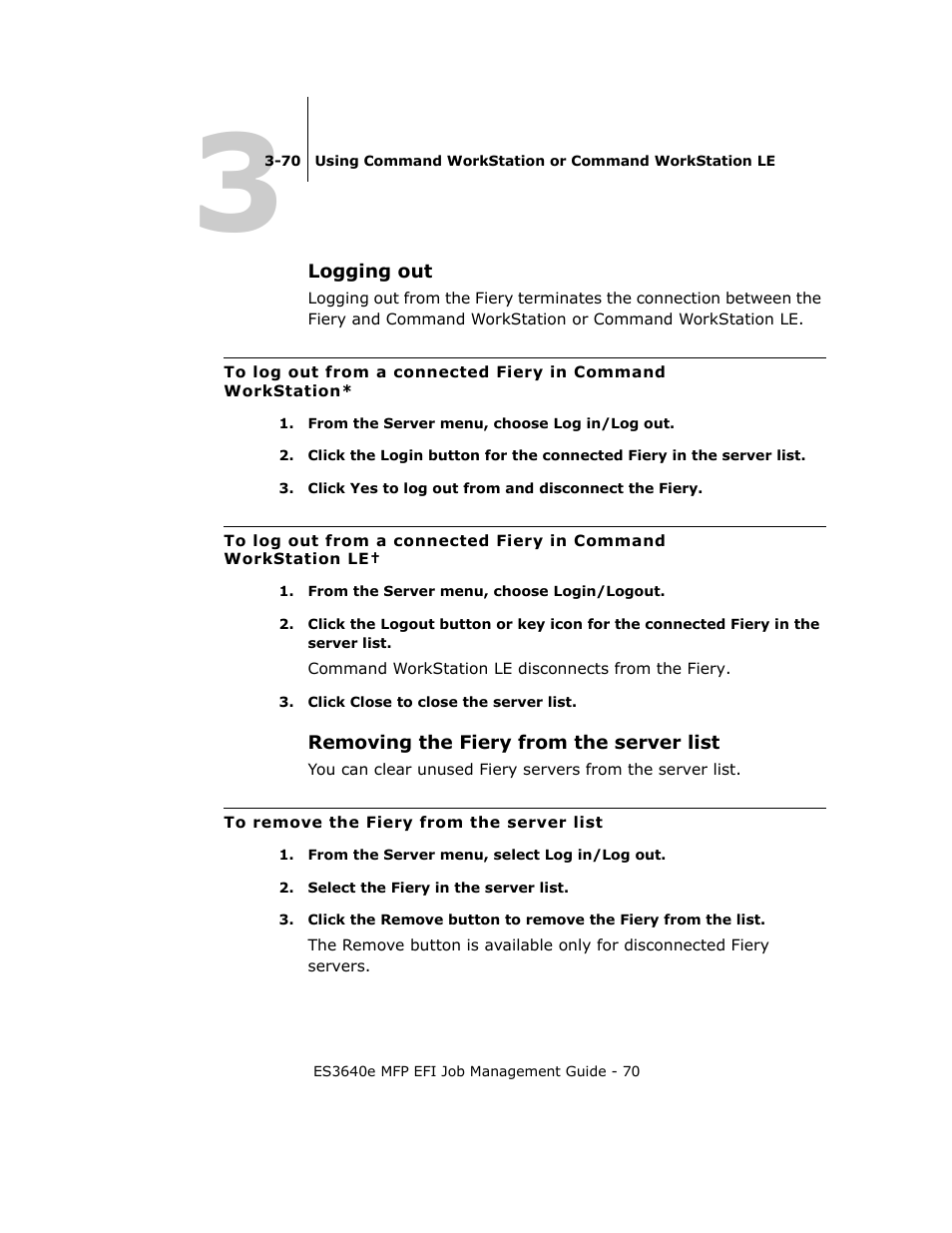 Logging out, Removing the fiery from the server list | Oki ES3640E User Manual | Page 70 / 220